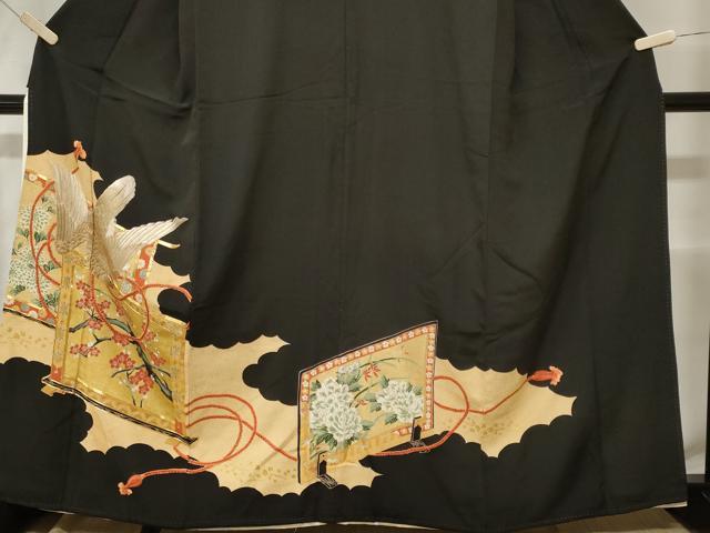 平和屋着物■豪華黒留袖　駒刺繍　屏風花鳥文　金彩　正絹　逸品　CABE7994ev