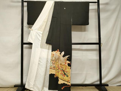平和屋着物■豪華黒留袖　駒刺繍　屏風花鳥文　金彩　正絹　逸品　CABE7994ev