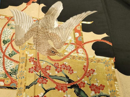 平和屋着物■豪華黒留袖　駒刺繍　屏風花鳥文　金彩　正絹　逸品　CABE7994ev