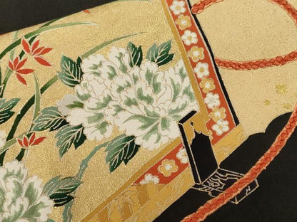 平和屋着物■豪華黒留袖　駒刺繍　屏風花鳥文　金彩　正絹　逸品　CABE7994ev