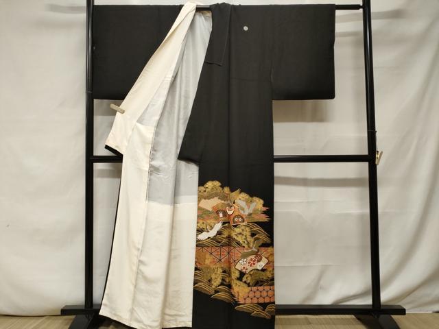 平和屋着物■豪華黒留袖 駒刺繍 地紙飛鶴宝尽くし丸文 金銀彩 正絹 逸品 CABE7999ev