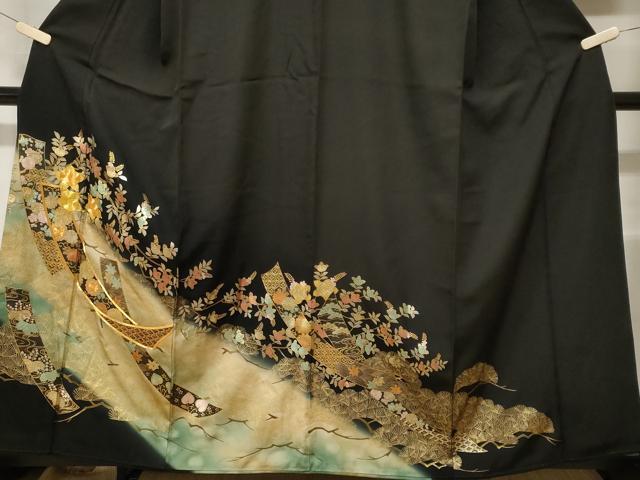 平和屋着物■豪華黒留袖 駒刺繍 短冊枝花文 暈し染め 金彩 やまと誂製 正絹 逸品 CABE8000ev