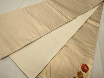 平和屋着物◎太鼓柄袋帯　駒刺繍　舞花文　正絹　逸品　CABE8121oy