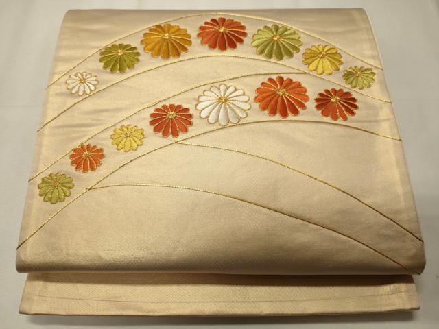 平和屋着物◎太鼓柄袋帯　駒刺繍　舞花文　正絹　逸品　CABE8121oy