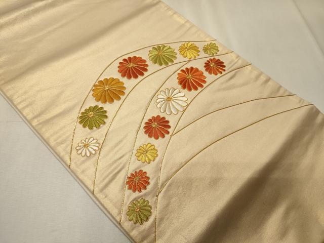 平和屋着物◎太鼓柄袋帯　駒刺繍　舞花文　正絹　逸品　CABE8121oy