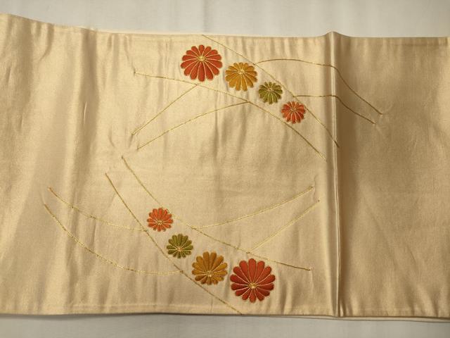 平和屋着物◎太鼓柄袋帯　駒刺繍　舞花文　正絹　逸品　CABE8121oy