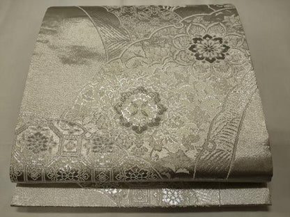 平和屋着物◎六通柄袋帯　プラチナ銀箔二重織　雪芝正倉院花文　正絹　逸品　CABE8134oy