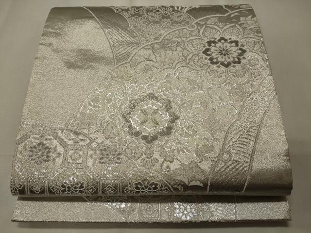 平和屋着物◎六通柄袋帯　プラチナ銀箔二重織　雪芝正倉院花文　正絹　逸品　CABE8134oy
