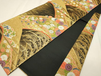 平和屋着物◎六通柄袋帯　唐織　吉祥草花文　黒地　金糸　鈴乃屋扱い　正絹　逸品　CABE8191oy