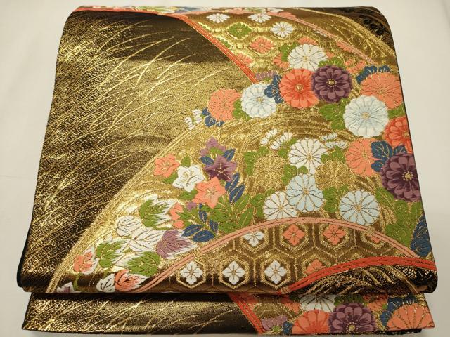 平和屋着物◎六通柄袋帯　唐織　吉祥草花文　黒地　金糸　鈴乃屋扱い　正絹　逸品　CABE8191oy