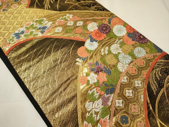 平和屋着物◎六通柄袋帯　唐織　吉祥草花文　黒地　金糸　鈴乃屋扱い　正絹　逸品　CABE8191oy