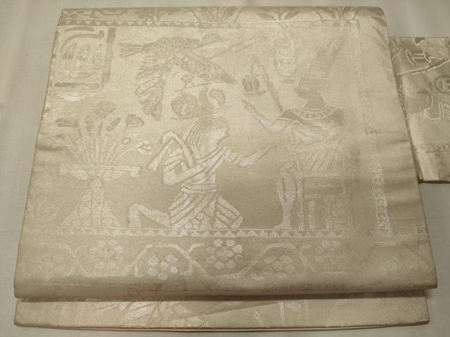 平和屋着物◎九寸名古屋帯　壁画文様　銀糸　正絹　逸品　CABE8202oy