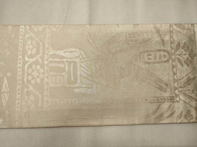 平和屋着物◎九寸名古屋帯　壁画文様　銀糸　正絹　逸品　CABE8202oy