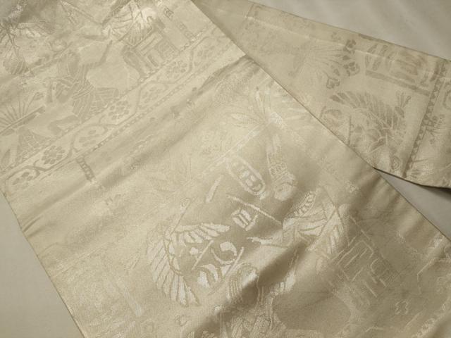 平和屋着物◎九寸名古屋帯　壁画文様　銀糸　正絹　逸品　CABE8202oy