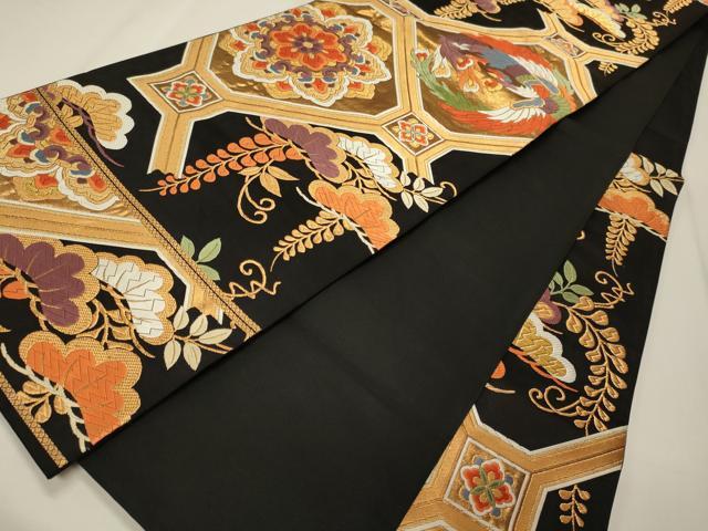 平和屋着物◎六通柄袋帯　唐織　能衣錦　蜀江正倉院花鳥文　黒地　金糸　正絹　逸品　CABE8209oy