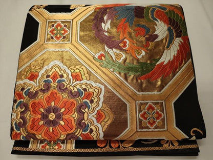 平和屋着物◎六通柄袋帯　唐織　能衣錦　蜀江正倉院花鳥文　黒地　金糸　正絹　逸品　CABE8209oy