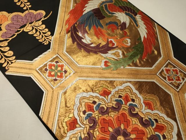 平和屋着物◎六通柄袋帯　唐織　能衣錦　蜀江正倉院花鳥文　黒地　金糸　正絹　逸品　CABE8209oy