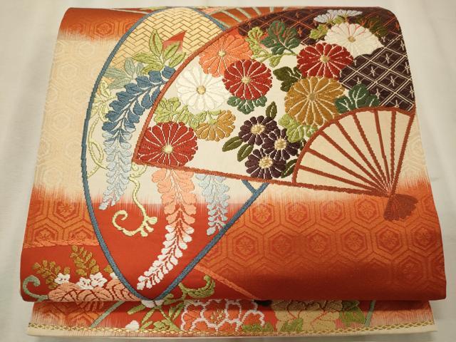 平和屋着物◎六通柄袋帯　唐織　唐錦　扇面重花文　金糸　正絹　逸品　CABE8254oy