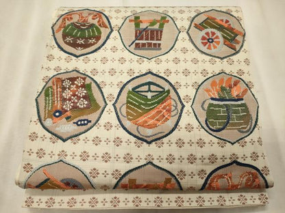 平和屋着物◎太鼓柄袋帯　器物文　銀糸　正絹　逸品　CABE8258oy