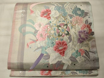 平和屋着物◎六通柄袋帯　唐織　オーロラ箔　草花文　正絹　逸品　CABE8308oy