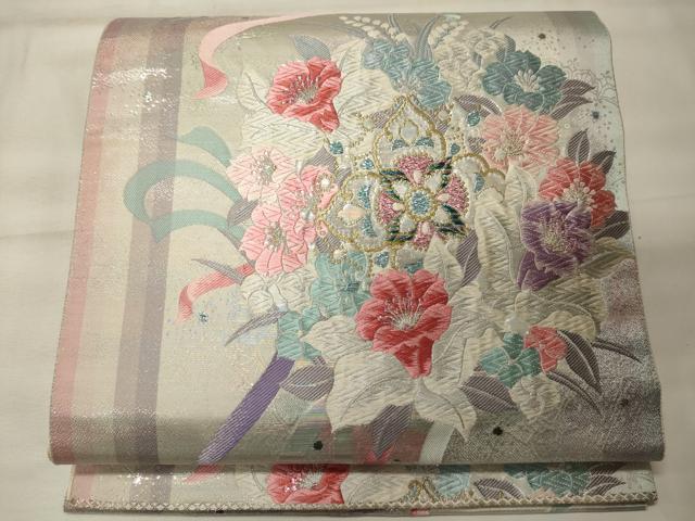 平和屋着物◎六通柄袋帯　唐織　オーロラ箔　草花文　正絹　逸品　CABE8308oy