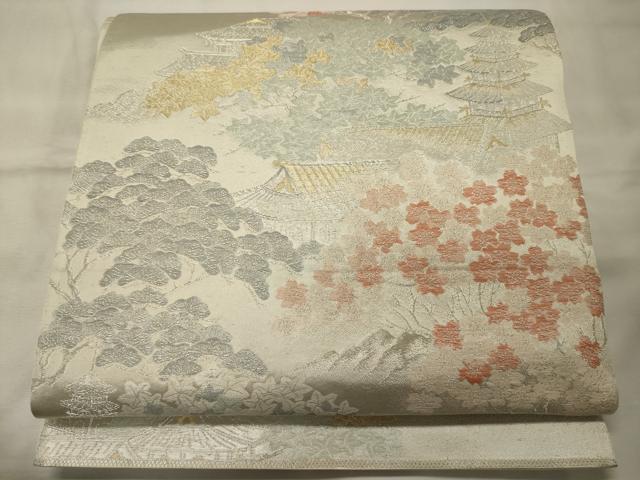 平和屋着物◎六通柄袋帯　九百緞子織　風景桜松文　銀糸　正絹　逸品　CABE8323oy