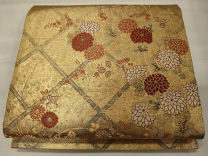 平和屋着物◎六通柄袋帯　唐織　菱草花文　金糸　正絹　逸品　CABE8324oy