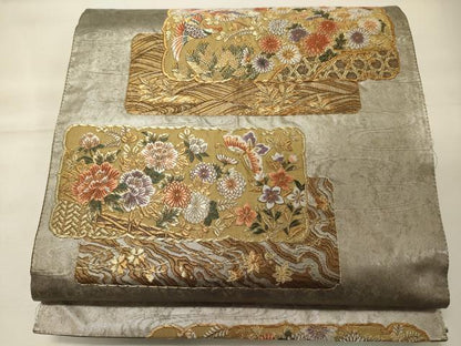 平和屋着物◎六通柄袋帯　引箔九百織　舞蝶草花文　鈴乃屋扱い　正絹　逸品　CABE8332oy