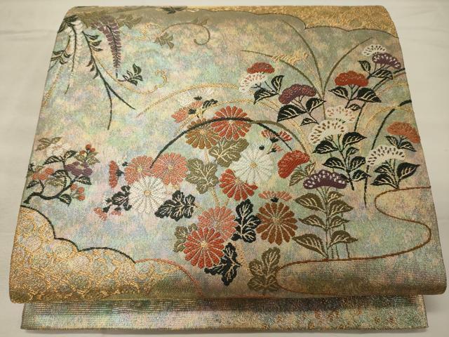 平和屋着物◎六通柄袋帯　瑞雲菊薫山小袖絵文　金糸　正絹　逸品　CABE8354oy
