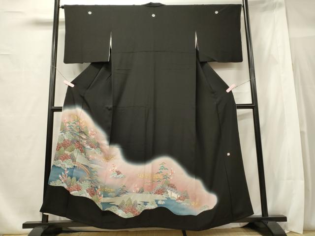 平和屋着物■豪華黒留袖　作家物　渡橋風景花松文　暈し染め　金彩　正絹　逸品　CABE8365oy