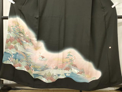 平和屋着物■豪華黒留袖　作家物　渡橋風景花松文　暈し染め　金彩　正絹　逸品　CABE8365oy