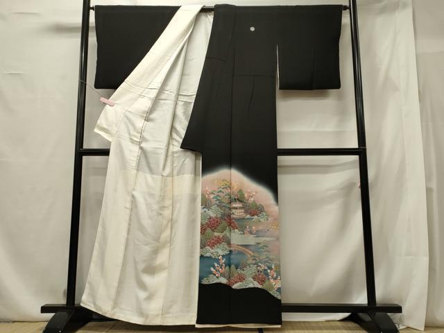 平和屋着物■豪華黒留袖　作家物　渡橋風景花松文　暈し染め　金彩　正絹　逸品　CABE8365oy