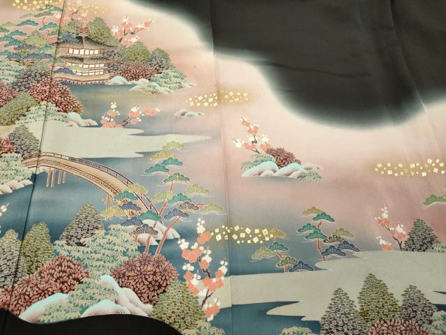 平和屋着物■豪華黒留袖　作家物　渡橋風景花松文　暈し染め　金彩　正絹　逸品　CABE8365oy