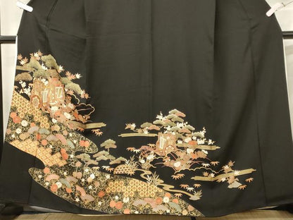 平和屋着物■豪華黒留袖 駒刺繍 御所車花唐草松文 金彩 正絹 逸品 CABE8368oy
