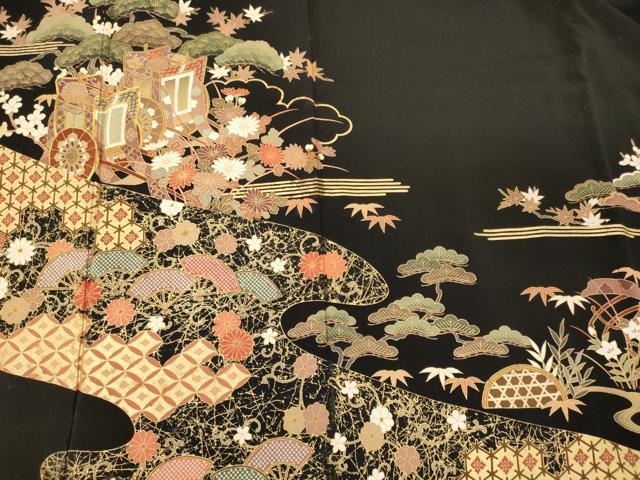 平和屋着物■豪華黒留袖 駒刺繍 御所車花唐草松文 金彩 正絹 逸品 CABE8368oy