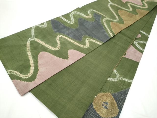 平和屋着物●中国三大刺繍　スワトウ相良刺繍　六通柄袋帯　紬地　絞り　花唐草文　正絹　逸品　CABE8442hy