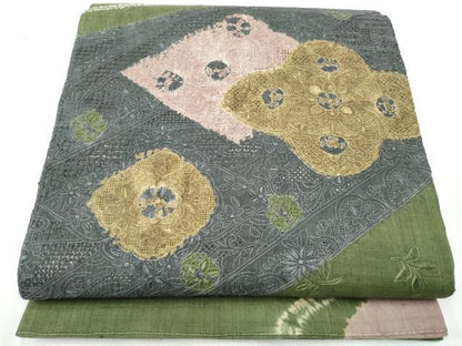 平和屋着物●中国三大刺繍　スワトウ相良刺繍　六通柄袋帯　紬地　絞り　花唐草文　正絹　逸品　CABE8442hy