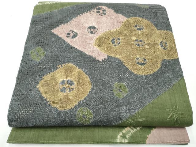 平和屋着物●中国三大刺繍　スワトウ相良刺繍　六通柄袋帯　紬地　絞り　花唐草文　正絹　逸品　CABE8442hy