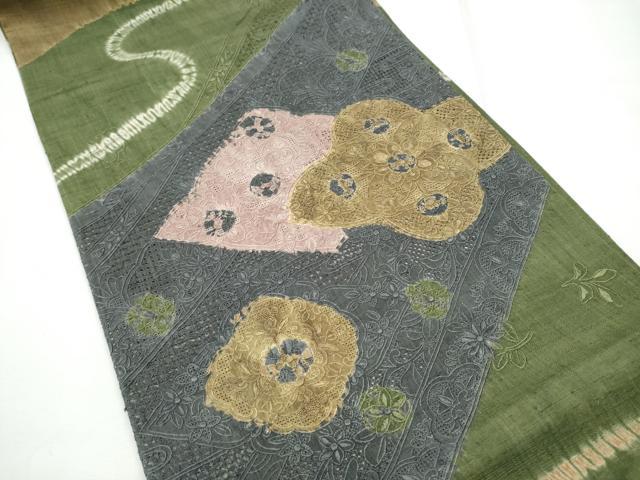 平和屋着物●中国三大刺繍　スワトウ相良刺繍　六通柄袋帯　紬地　絞り　花唐草文　正絹　逸品　CABE8442hy