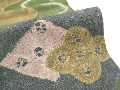 平和屋着物●中国三大刺繍　スワトウ相良刺繍　六通柄袋帯　紬地　絞り　花唐草文　正絹　逸品　CABE8442hy