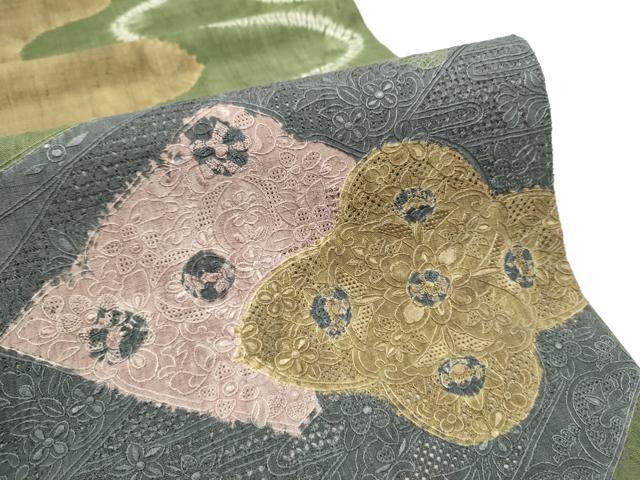 平和屋着物●中国三大刺繍　スワトウ相良刺繍　六通柄袋帯　紬地　絞り　花唐草文　正絹　逸品　CABE8442hy