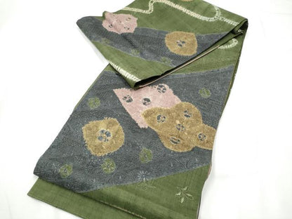 平和屋着物●中国三大刺繍　スワトウ相良刺繍　六通柄袋帯　紬地　絞り　花唐草文　正絹　逸品　CABE8442hy
