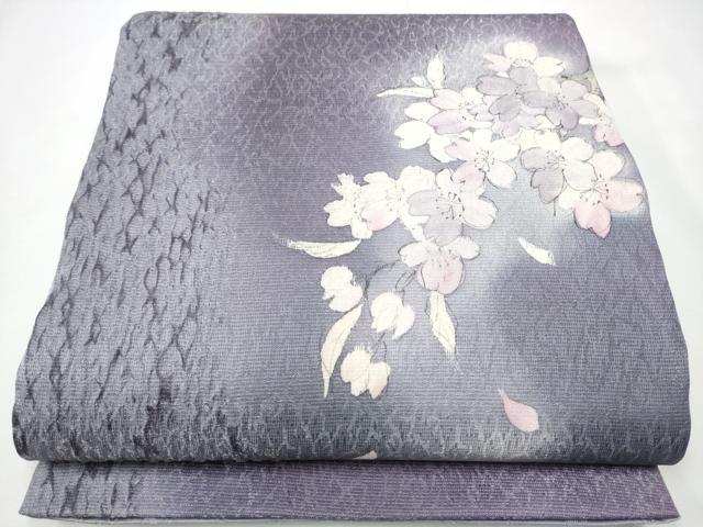 平和屋着物●絞り染色作家　藤井浩　太鼓柄袋帯　杢目絞り　舞桜文　銀通し地　正絹　逸品　CABE8444hy