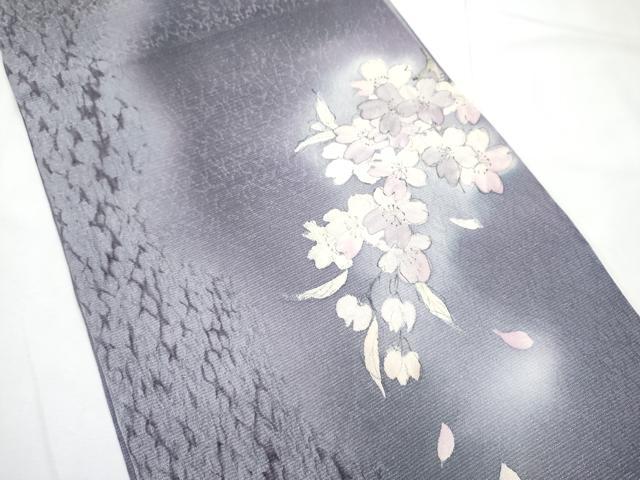 平和屋着物●絞り染色作家　藤井浩　太鼓柄袋帯　杢目絞り　舞桜文　銀通し地　正絹　逸品　CABE8444hy