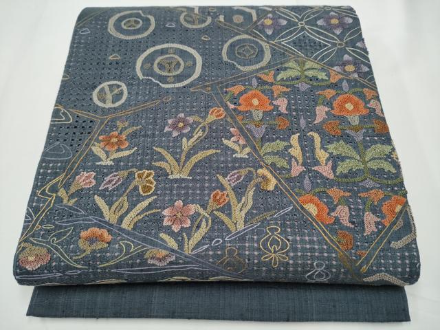 平和屋着物●中国三大刺繍　太鼓柄袋帯　紬地　切嵌花文　正絹　逸品　CABE8447hy
