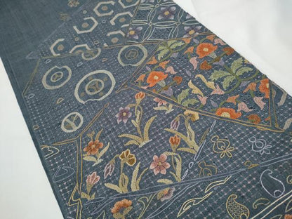平和屋着物●中国三大刺繍　太鼓柄袋帯　紬地　切嵌花文　正絹　逸品　CABE8447hy