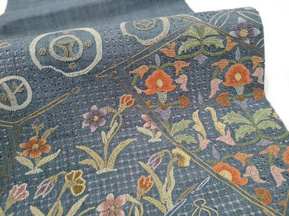 平和屋着物●中国三大刺繍　太鼓柄袋帯　紬地　切嵌花文　正絹　逸品　CABE8447hy