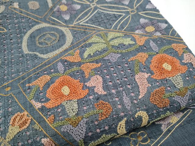 平和屋着物●中国三大刺繍　太鼓柄袋帯　紬地　切嵌花文　正絹　逸品　CABE8447hy