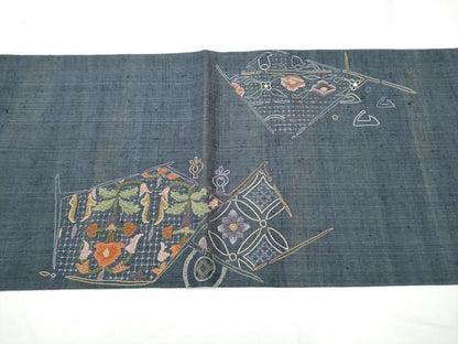 平和屋着物●中国三大刺繍　太鼓柄袋帯　紬地　切嵌花文　正絹　逸品　CABE8447hy
