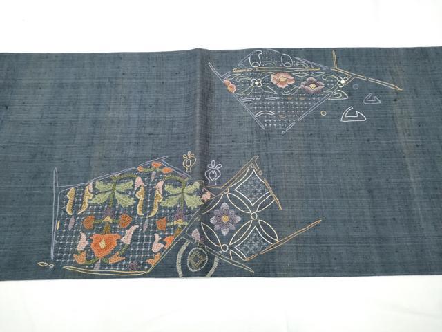 平和屋着物●中国三大刺繍　太鼓柄袋帯　紬地　切嵌花文　正絹　逸品　CABE8447hy